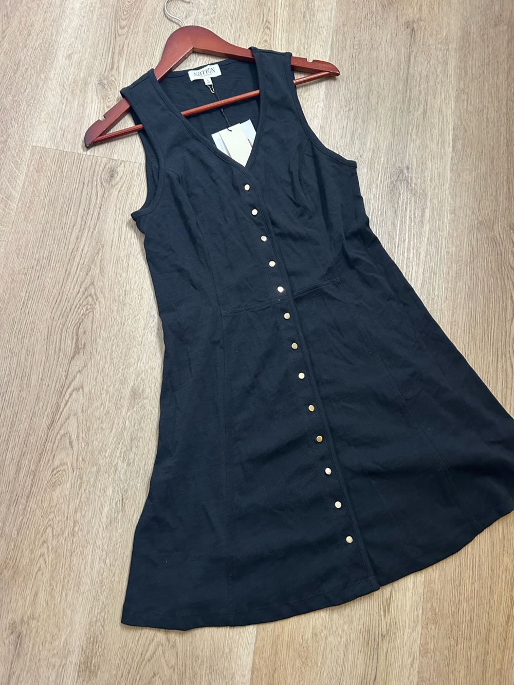 NWT Nation LA 100% Cotton Black Gold Button V - Neck Button Down Mini Dress - Picture 3 of 15
